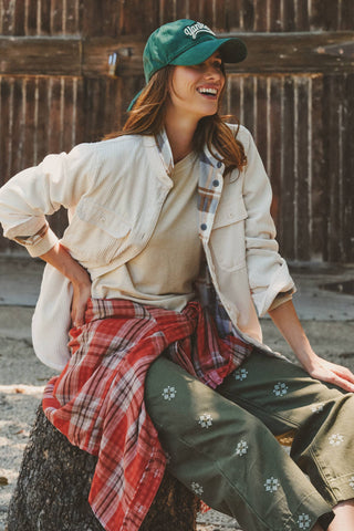 Urban Daizy - Plaid Lined Corduroy Flannel Shacket