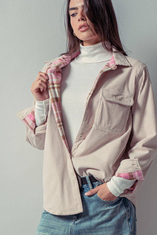Urban Daizy - Plaid Flannel-Lined Corduroy Shacket