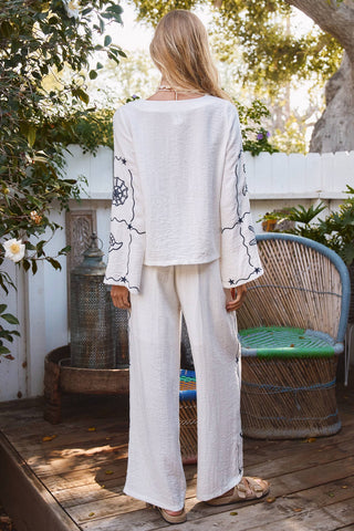 Urban Daizy - Seashell Embroidered Linen Blend Wide Leg Pants