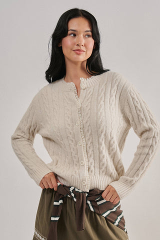 Urban Daizy Ivory Cable-Knit Cardigan with Lace Ruffle Trim