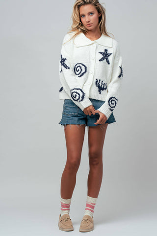 Urban Daizy - Nautical Sea Life Motif Collared Cardigan