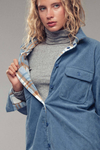 Urban Daizy - Plaid Flannel-Lined Corduroy Shacket