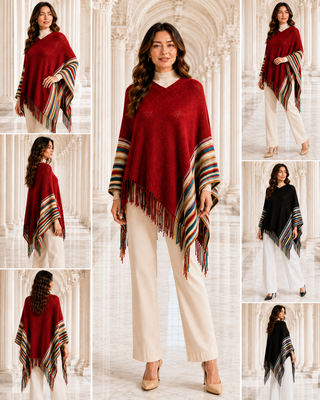 Designer House Striped Fringe Knit Poncho