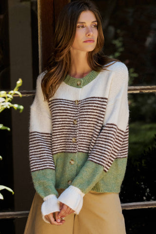 Urban Daizy - Striped Fuzzy Knit Volume Sleeve Cardigan