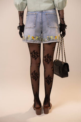 Blue B Floral Embroidered High-Rise Denim Shorts