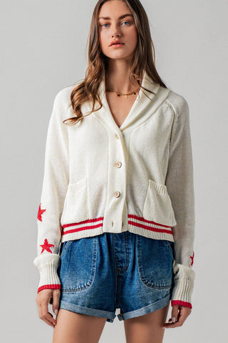 Patriotic American Flag Shawl Collar Cardigan Sweater- Urban Daizy