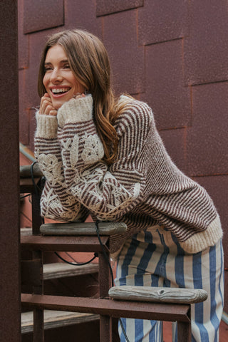 Urban Daizy - Floral Embroidered Striped Knit Sweater