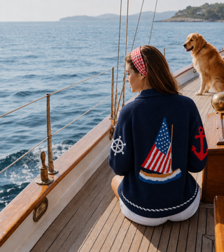 Pink Pineapple - Flag Sailboat Cotton Cardigan Navy or Ivory