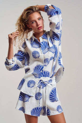 Urban Daizy - Seaside Blue Shell Cotton Gauze Shirt & Short Set