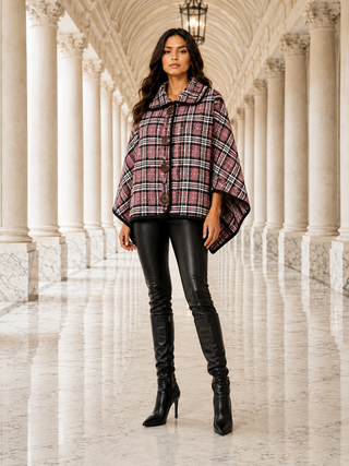 Designer House Plaid Button Front Cowl Neck Capelet