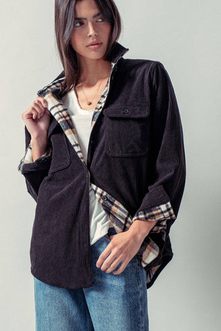 Urban Daizy - Plaid Flannel-Lined Corduroy Shacket