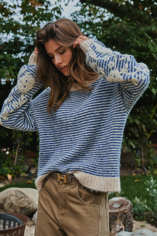 Urban Daizy - Floral Embroidered Striped Knit Sweater
