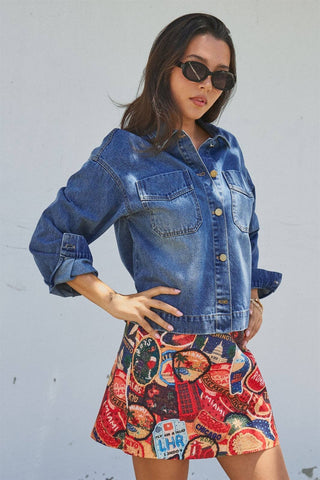Urban Daizy - Vintage Wash Denim Shirt Jacket With Gold Buttons