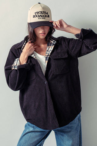 Urban Daizy - Plaid Flannel-Lined Corduroy Shacket