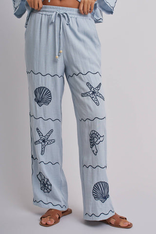 Urban Daizy - Seashell Embroidered Linen Blend Wide Leg Pants
