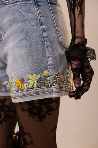 Blue B Floral Embroidered High-Rise Denim Shorts