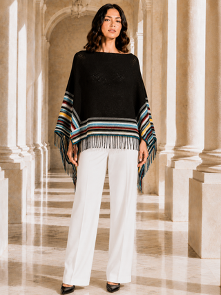 Designer House Striped Fringe Knit Poncho