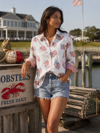 Pink Pineapple - 3/4 Sleeve Cotton Flag Print Blouse in White