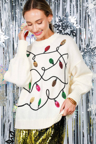 Vine & Love - Colorful Christmas Light Embroidery Cozy Knit SweaterVT82259
