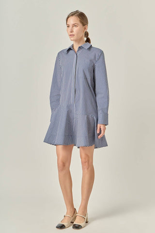 English Factory Stripe Collar Flared Mini Dress | Cotton Blend Shirt Dress