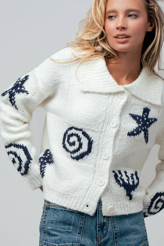 Urban Daizy - Nautical Sea Life Motif Collared Cardigan