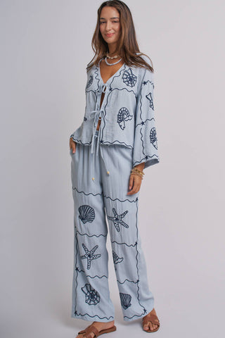Urban Daizy - Seashell Embroidered Linen Blend Wide Leg Pants