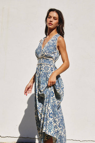 Blue Tile Print Sleeveless Maxi Dress with Scalloped Lace Trim Forum - Paisley V Neck Scalloped Lace Midi Dress (1)