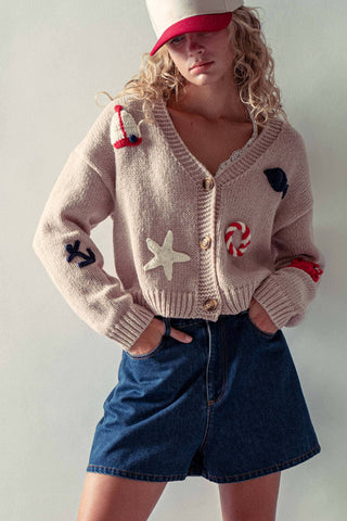 Urban Daizy - Crochet Patch Cardigan–Nautical Motifs, Relaxed Cropped Fit