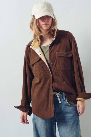 Urban Daizy - Plaid Flannel-Lined Corduroy Shacket