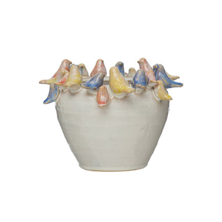 Stoneware Bird Rim Planter with Reactive Glaze