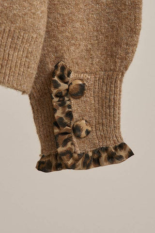 Urban Daizy Leopard Ruffle Trim Knit Cardigan | Camel