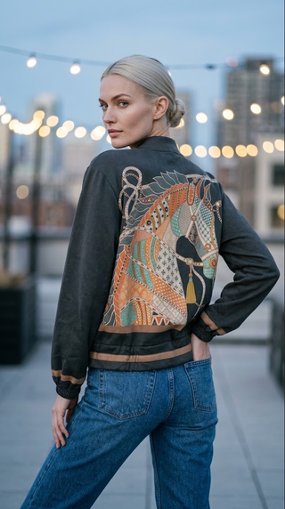 LOOWIE Charcoal Equestrian Print Bomber Jacket