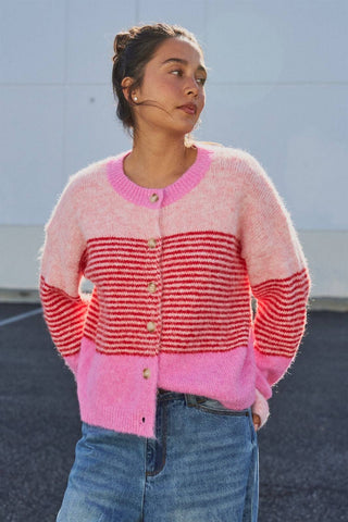 Urban Daizy - Striped Fuzzy Knit Volume Sleeve Cardigan
