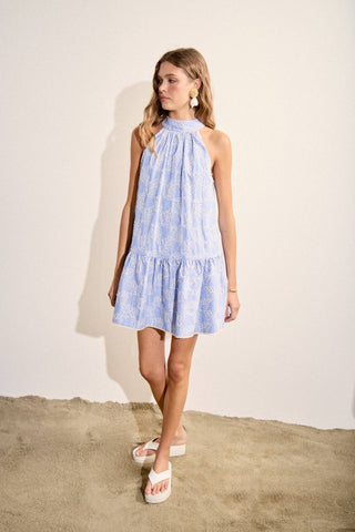English Factory - Stripe with Embroidered Halter Mini Dress