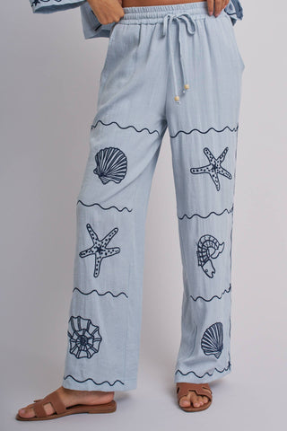 Urban Daizy - Seashell Embroidered Linen Blend Wide Leg Pants