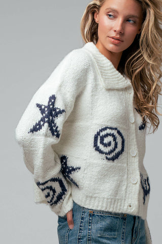 Urban Daizy - Nautical Sea Life Motif Collared Cardigan