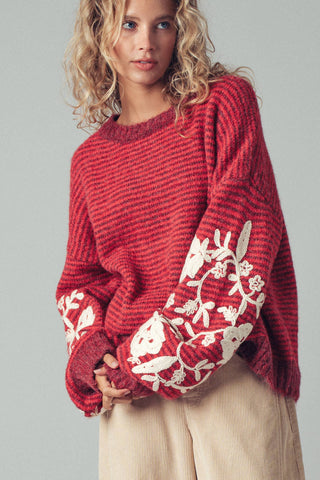 Urban Daizy - Floral Embroidered Striped Knit Sweater