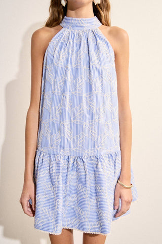 English Factory - Stripe with Embroidered Halter Mini Dress