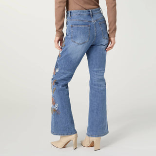 Coco + Carmen Bambu Soft Flare jeans with leaf embroidery in medium denim