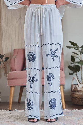 Urban Daizy - Seashell Embroidered Linen Blend Wide Leg Pants