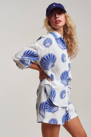 Urban Daizy - Seaside Blue Shell Cotton Gauze Shirt & Short Set