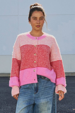 Urban Daizy - Striped Fuzzy Knit Volume Sleeve Cardigan