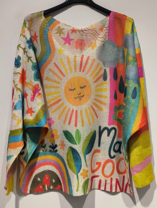 LOOWIE - POSUN Yellow Sunshine V-Neck Knit Printed Sweater  LOOWIE