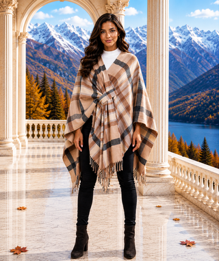 Designer House Plaid Loop Closure Fringe Cape
