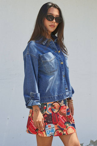 Urban Daizy - Vintage Wash Denim Shirt Jacket With Gold Buttons