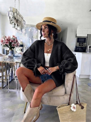 LOOWIE Black Wool-Blend Open-Front Cardigan | Made in Italy