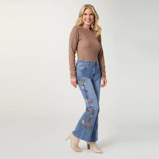 Coco + Carmen Bambu Soft Flare jeans with leaf embroidery in medium denim
