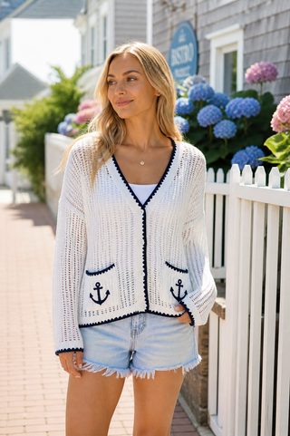 Anchor Coastal Cardigan Sweater– Navy & White