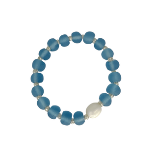 Maka Imports - Recycled Sea Beach Glass Stretch Bracelet Pearl Blue