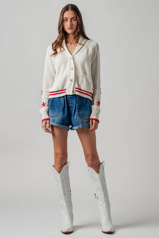 Patriotic American Flag Shawl Collar Cardigan Sweater- Urban Daizy